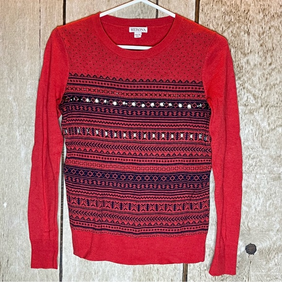 Closet clean out. Sweater. Red scoop neck black jewels. Pink knit high neck. - Picture 2 of 14